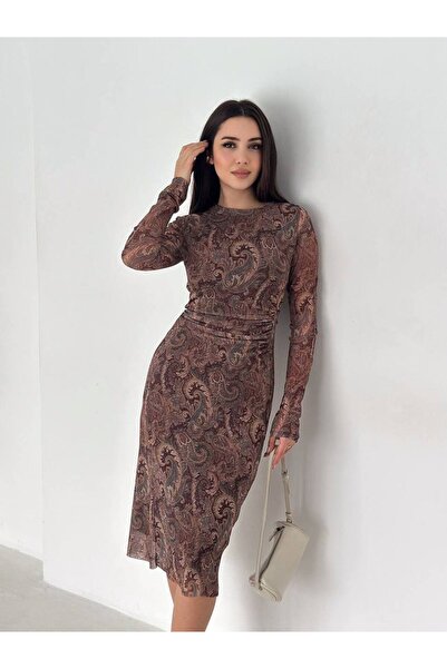 Butik etnik desen ön büzgülü tül elbise