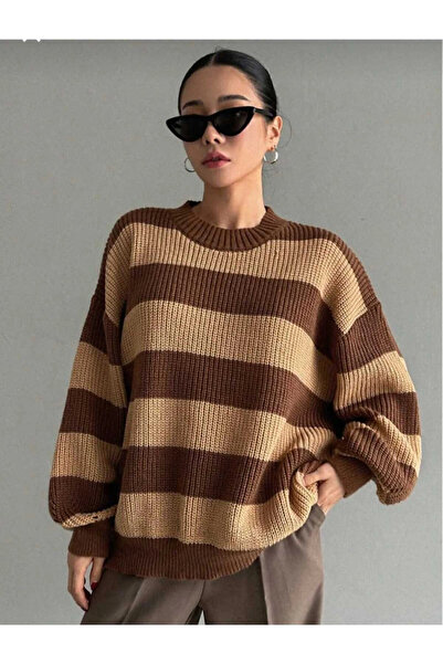 MetuCA Pulover tricotat oversize, cu dungi late, maro-bej, pentru femei, cu g...