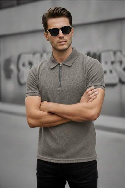 Oksit Robb Men's Half Zipper Textured Polo Collar Short Sleeve Slim Fit T-Shirt