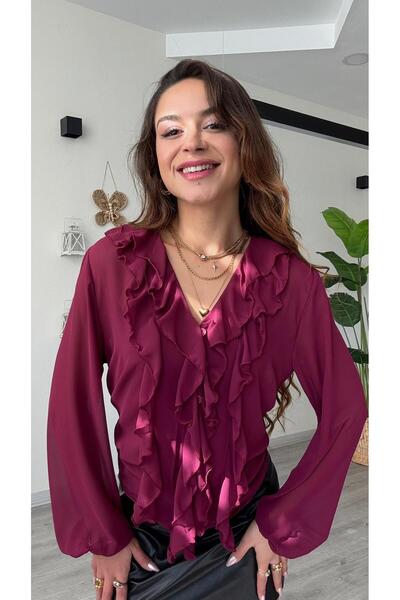 modadagiyim Women's Shirred and Ruffled Buttoned Chiffon Shirt Blouse