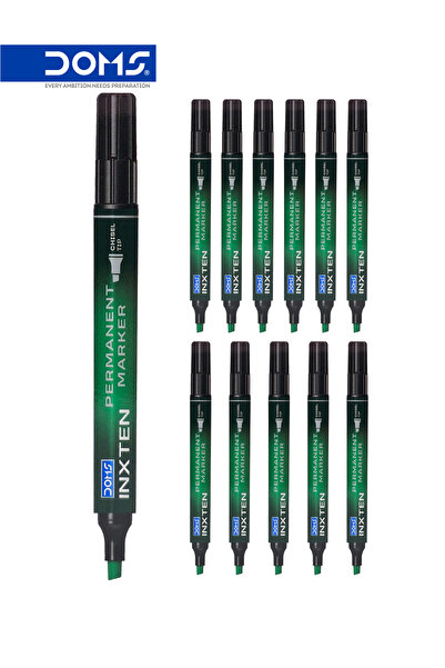 doms Permanent Marker Pen, Chisel Tip, Green Ink, INXTEN Series, Pack of 12