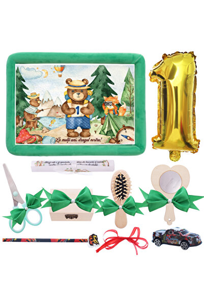 Recostore Tava mot, aniversare 1 an, Ursulet, catifea verde, 10 piese, 34x25 ...