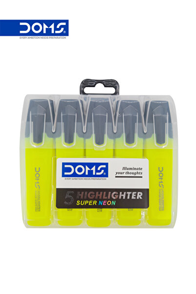 doms Highlighter Pen, Super Neon Yellow, Smear Resistant, Pack of 5