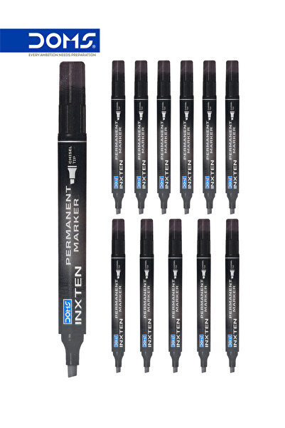 doms Permanent Marker Pen, Chisel Tip, Black Ink, INXTEN Series, Pack of 12