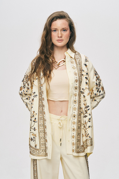 Orfeo Negro Women's Elegant Sparkling Sequin and Bead Embroidered Oversize Shirt