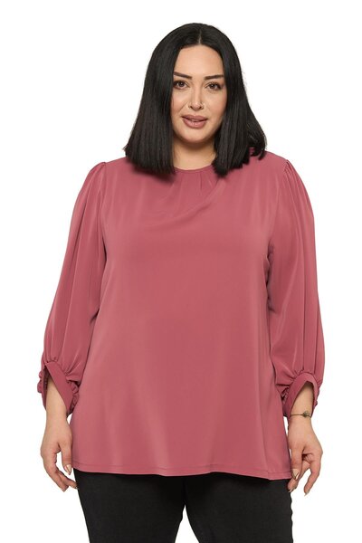 DISENTIS MODEST Plus Size Round Neck Three Quarter Drawstring Sleeves Relaxed...