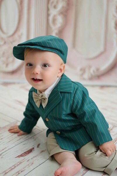 Andreeatex Costum de botez băieți din bumbac cu bretele și papion, 5 piese, v...