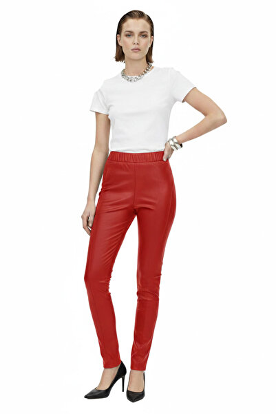 Deriderim Red Women's Elastic Waist Pocketless Leggings Genuine Stretch Leath...