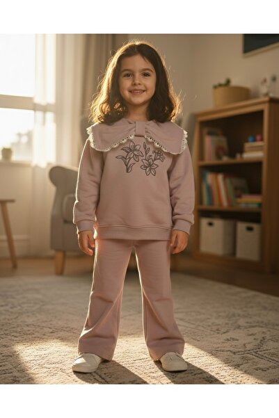 RÜYA KİDS Girl's Floral Embroidery Detailed Bow Collar Top and Bottom Set