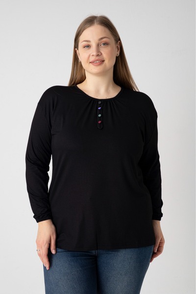 Orly More Viscose Fabric Mini Slit Plus Size Buttoned Long Sleeve Combed Cott...