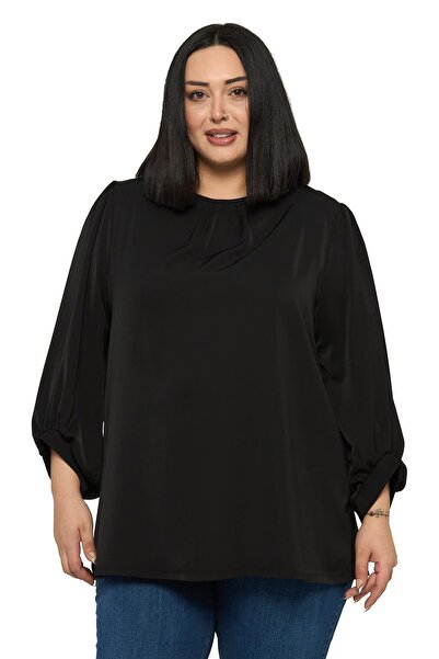 DISENTIS MODEST Plus Size Round Neck Three Quarter Drawstring Sleeves Relaxed...