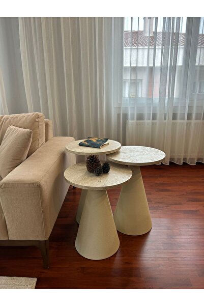 desping Bottle 3 'lü Mantar Bohem Modern Sehpa Traverten Suntalam Tabla Alümi...