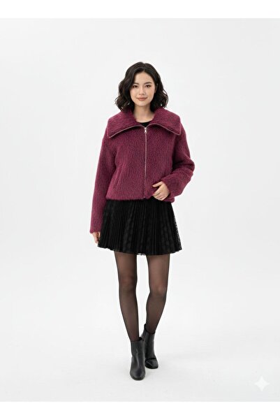 marvion Kadın Fermuarlı Geniş Yaka Tüylü Suni Kürk Ceket