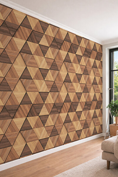 dreamwall 3D Görünümlü Ahşap Panelli Üçgen Geometrik Desenli Tek Parça Teksti...