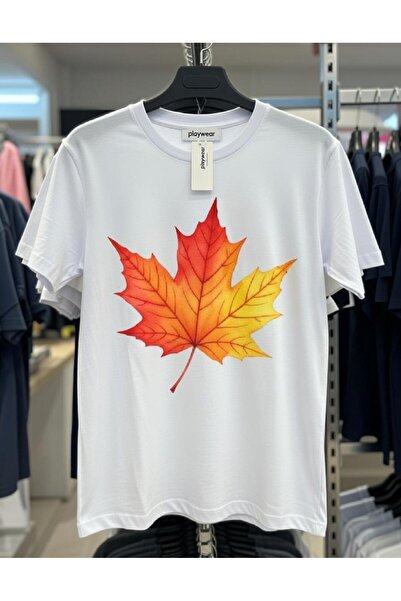 playwear Play Wear Unisex Round Neck Printed T-Shirt with Maple Leaf Design