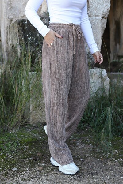 bytugcekaya Camel Velvet Elastic Waist Pants