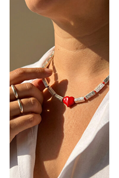 KN Design Studio Hematit Doğal Taş & Kırmızı Cam Detaylı Kalp Uçlu El Yapımı ...