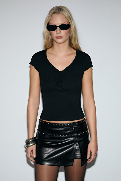 GRIMELANGE Kukurel Women's Soft and Stretchy Fabric Deep V Neck Blouse Black ...