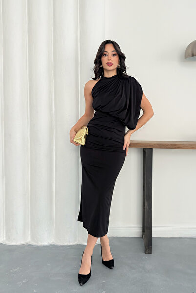 MOZENA Drapeli Dökümlü Tek Omuz Uzun Şık Elbise