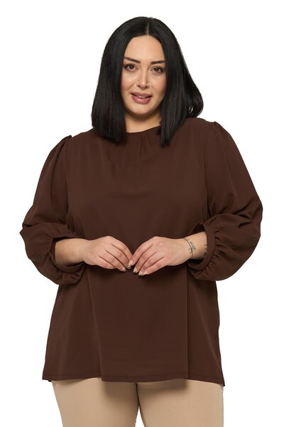 DISENTIS MODEST Plus Size Round Neck Three Quarter Drawstring Sleeves Relaxed...