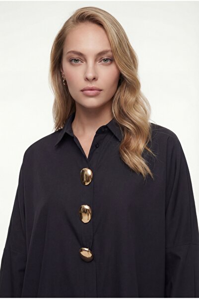 KENZA'A TRİKO Oversized Shirt with Gold Button Accessories