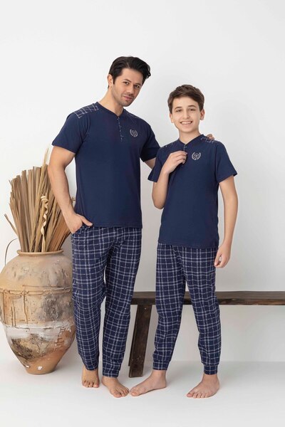 Tarık Men's Navy Blue Plaid and Square Pattern Short Sleeve Father-Son Combin...