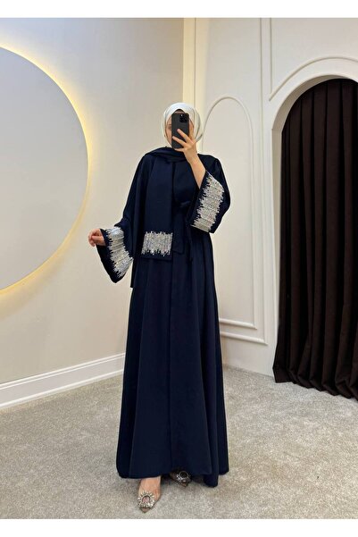 Molly Nelly Kadın Uzun Kolları Taş Detaylı Kuşaklı Krep Abaya