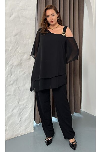 Butik Nilyam Women's Plus Size One-Shoulder Strap Brooch Chiffon Blouse Flexi...