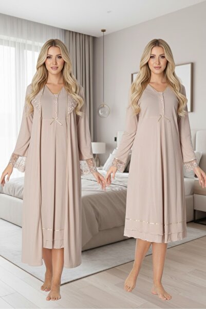 Lohusa Homewear Set de 2 cămăși de noapte din bumbac, cu mânecă lungă, cu dan...