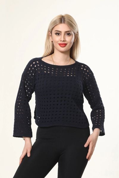 MetuCA Women's Navy Blue Openwork Perforated Knit Boat Neck Long Sleeve Knitw...