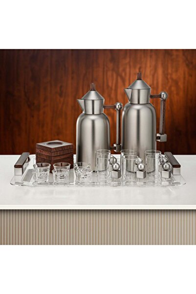 Almarjan Tea & Coffee Set 21 Pieces Matt Nickel with Dark Wood