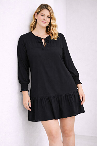 Şans Women's Plus Size Black, Collar Detailed, Elasticated Sleeves, Short Dre...