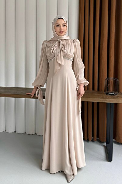 Modaensarbutik Elegance Taş Detaylı Balon Kol Tesettür Abiye-TAŞ