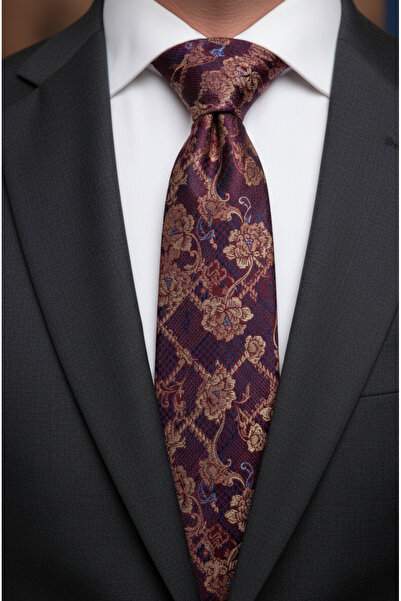 Gutiero Claret Red Patterned Classic Tie with Handkerchief