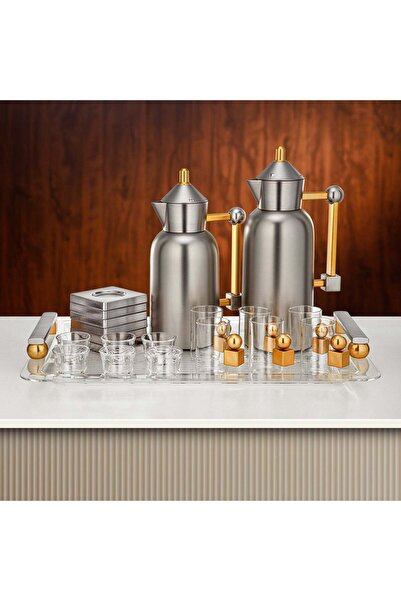 Almarjan Tea & Coffee Set 21 Pieces Matt Nickel with Matt Gold
