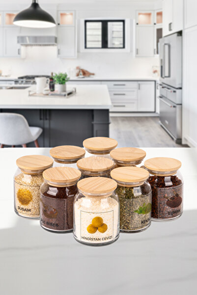 Minya Home 9 Piece Spice Jar Set 300 ml Glass Jars with Natural Wooden Lids V...