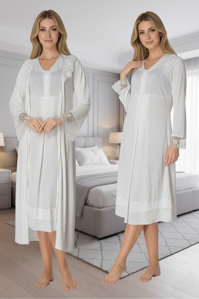 Lohusa Homewear Women's Ecru Elegant Lace Detailed Long Sleeve Special Design...