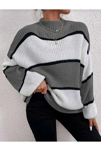 bysoca Women's Gray White Striped Half Turtleneck Long Sleeve Oversize Thessa...