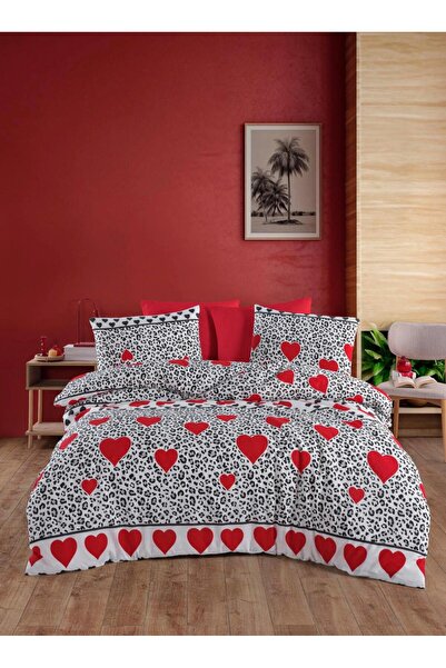 VİLERA HOME Leopard Heart Pattern Valentina Day Double Bedding Set