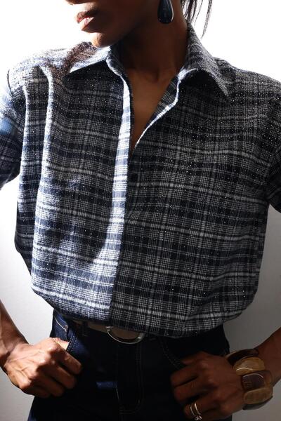 5in1Canpolat Anthracite Stone Embroidered Checkered Shirt 2688