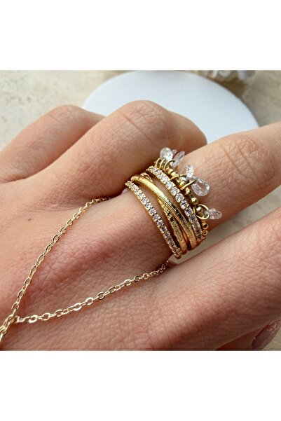 Nes Sallantılı Taşlı Çok Görünümlü Zarif Yüzük (Gold)