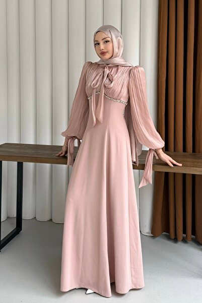Modaensarbutik Elegance Taş Detaylı Balon Kol Tesettür Abiye-PUDRA