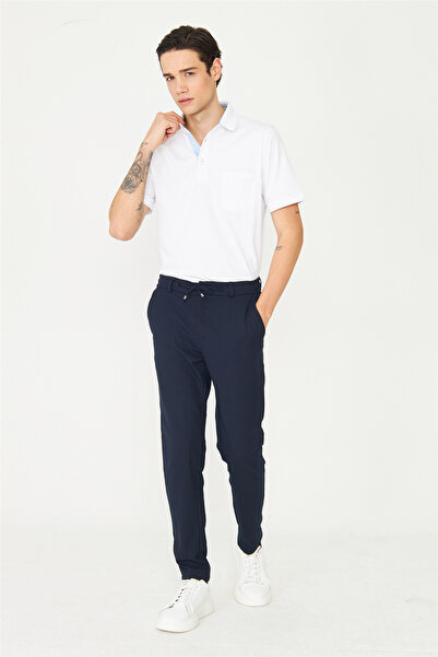 White Stone Navy Blue Lace-Up Waist Modern Cut Jogger Men's Trousers