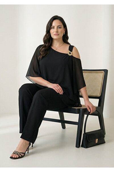 Butik Nilyam Women's Plus Size One-Shoulder Strap Brooch Chiffon Blouse Flexi...