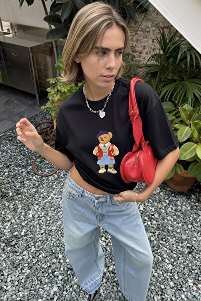 The Champ Clothing Women's Oversize T-Shirt Campus Bear Printed Black – Crew ...