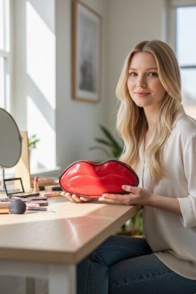 sç Saraçoğlu Çanta Lip Shaped Hologram Shiny and Luxurious Makeup Bag (25X11X5)