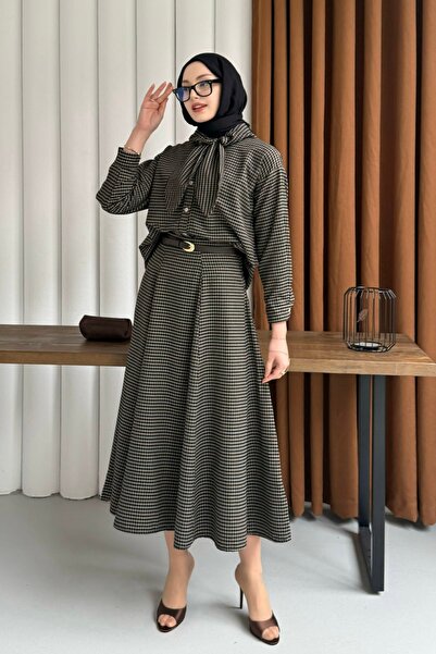 Modaensarbutik Ekose Fularlı Gömlek Ve Etek Tesettür Takım-HAKİ YEŞİL