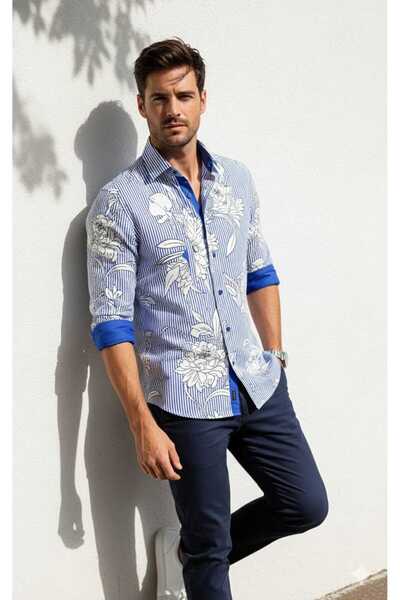 Louis Fabel Striped and Floral Long Sleeve Men's Shirt