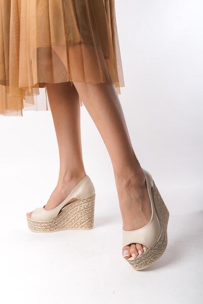 asmi shoes Women's Belon Beige 11 cm Platform Wedge Heeled Shoes Beige
