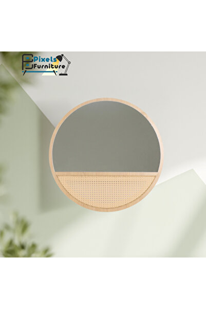 PixelsFurniture Round wall mirror with a rattan design, wooden frame and base...